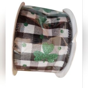 Buffalo Check Shamrock Wired Ribbon Black White  With Green Glitter Shamrock